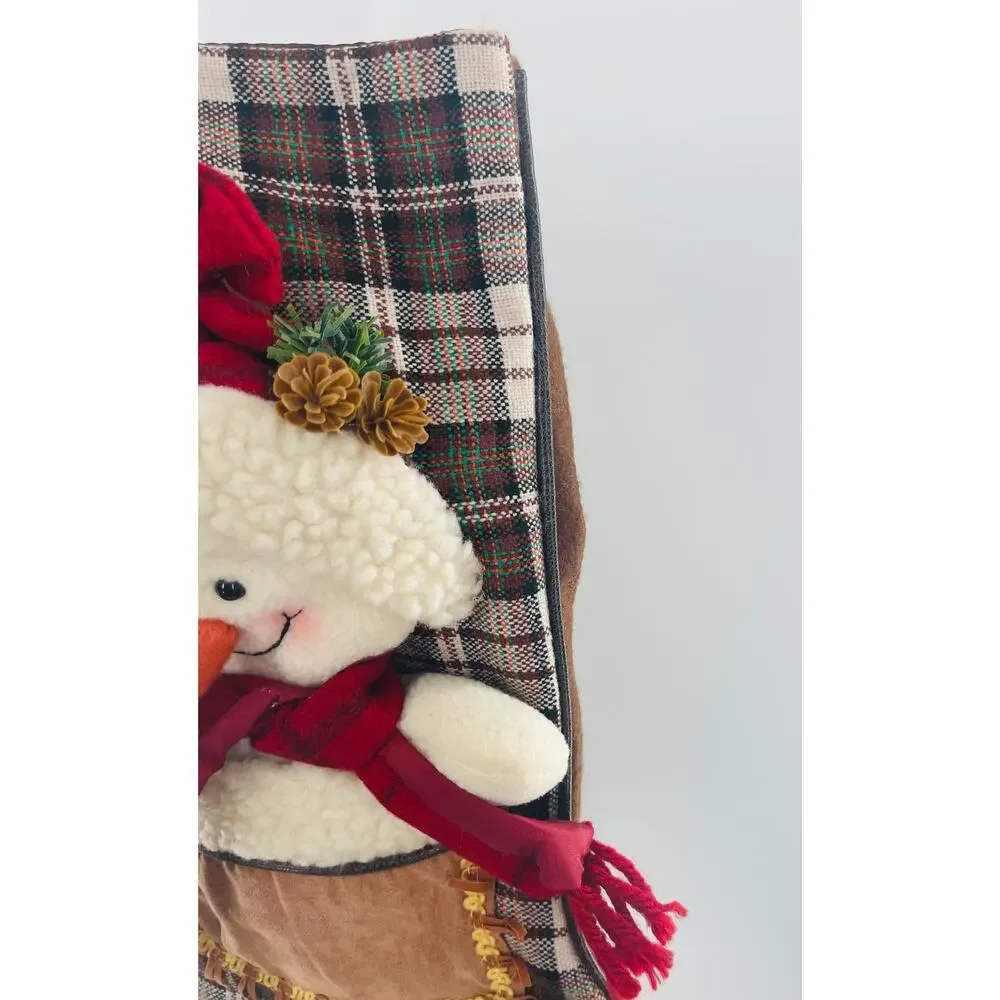 Western Plaid Christmas Stocking 3D Snowman Lace Up Faux Leather Country Folk